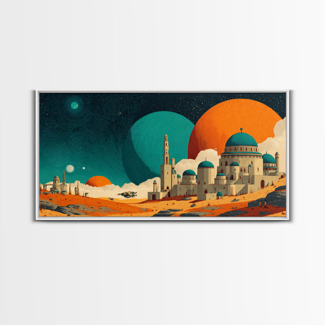 Teal Planet Desert Dome City Canvas Print, Midcentury Modern Sci Fi Wall Art, Retro Space Poster, Orange MCM Home Decor Art