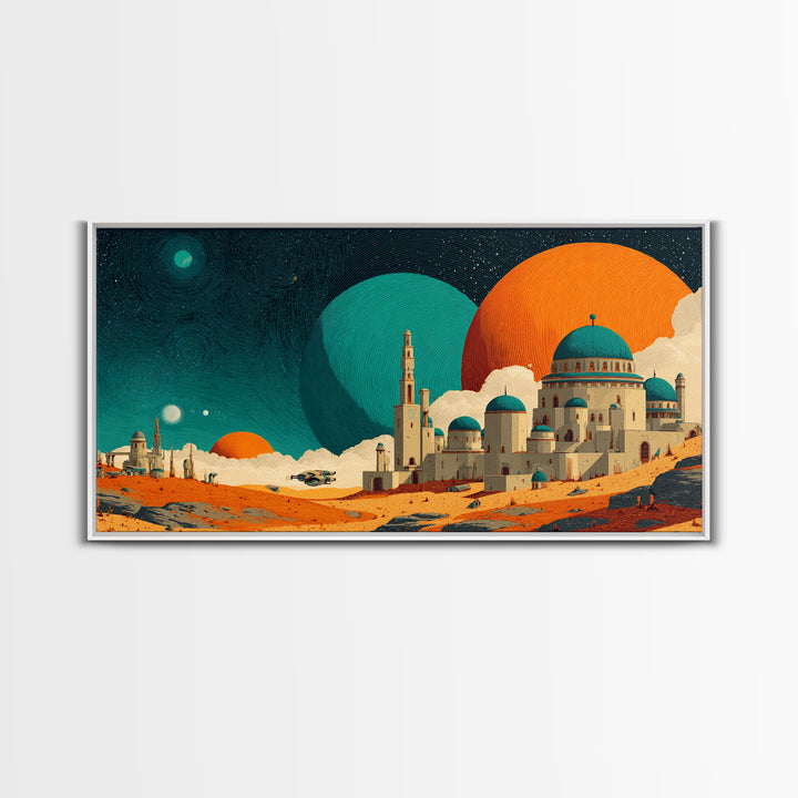 Teal Planet Desert Dome City Canvas Print, Midcentury Modern Sci Fi Wall Art, Retro Space Poster, Orange MCM Home Decor Art