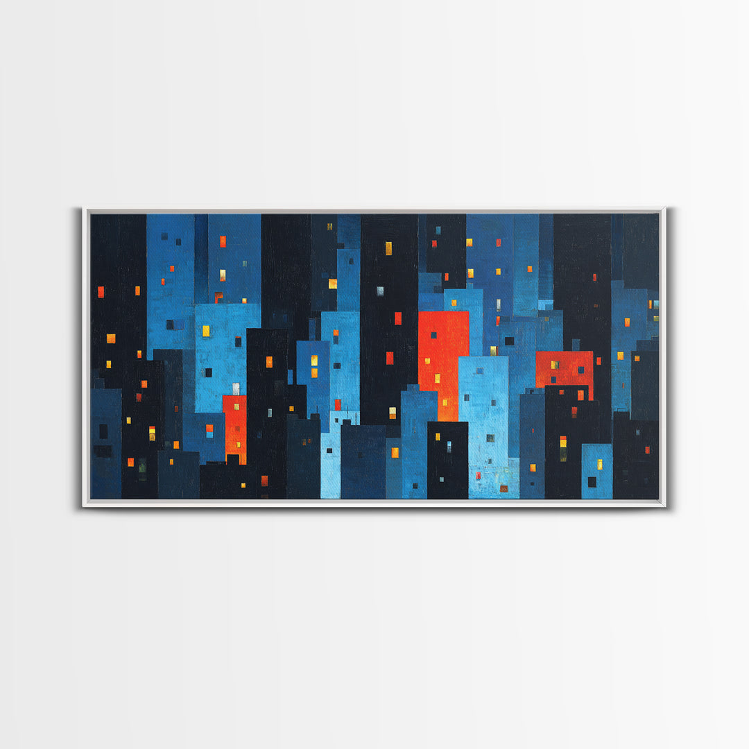 Red And Blue Abstract City Canvas Print, Blocky Urban Skyline, Midcentury Modern Art, Geometric Wall Decor, Home Office Art Print