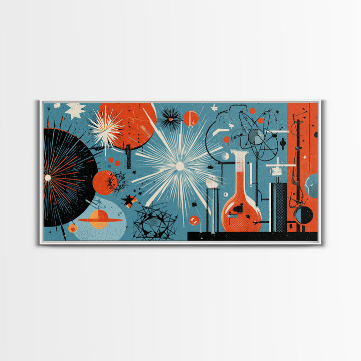 Blue Orange Atomic Laboratory Wall Art, Midcentury Modern Art Print, Retro Science Poster, Geometric MCM Home Decor, Living Room Decor