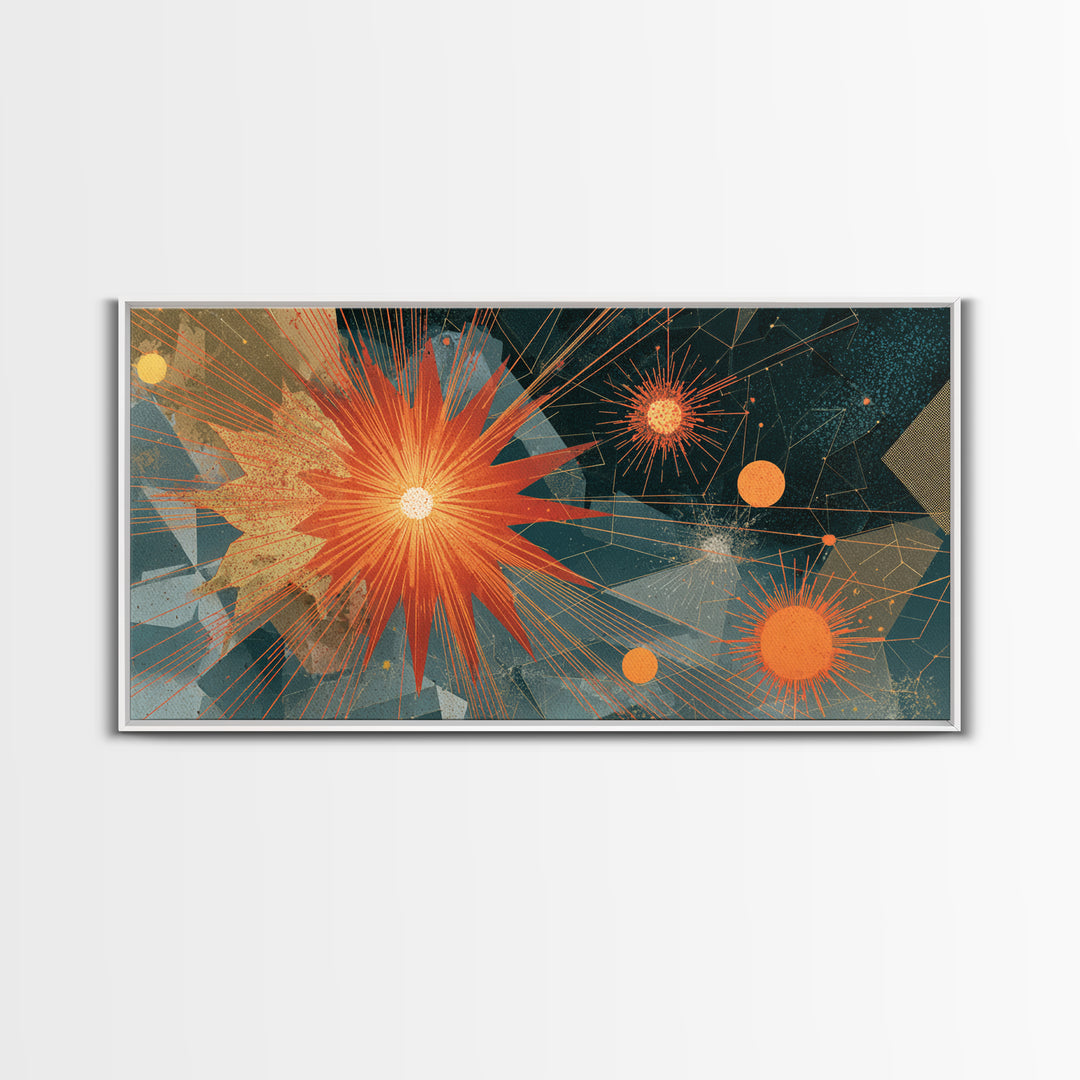 Orange Teal Geometric Starburst Framed Canvas Print, Midcentury Modern Abstract Art, Retro MCM Wall Decor, Home Office Decor