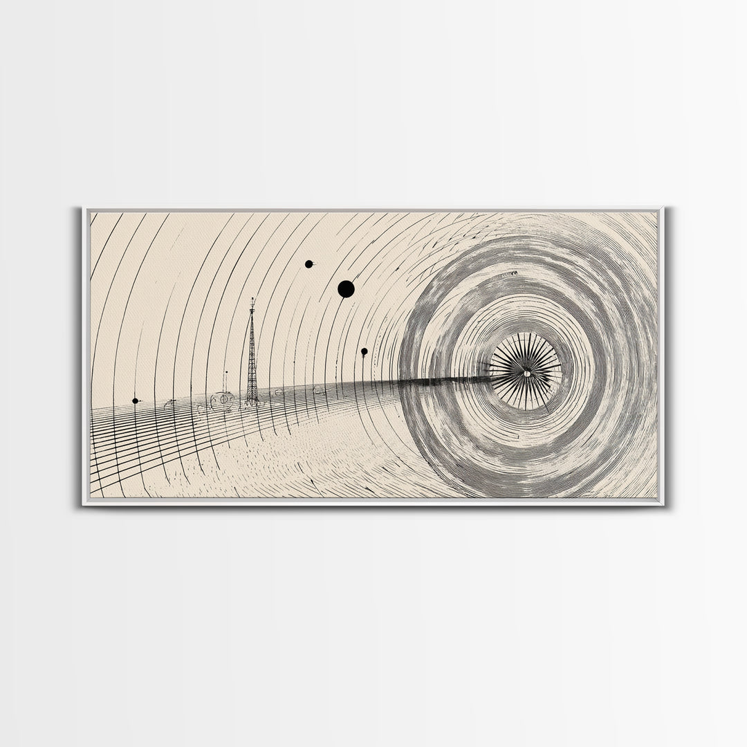 Black Beige Radar Wave Perspective Op Art Wall Art, Minimalist Geometric Art Print, Modern Abstract Poster, Office Home Decor