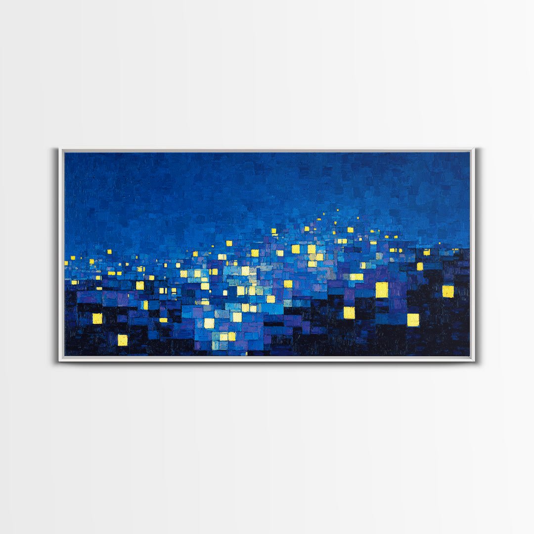 Pixelated Blue City Lights Wall Art, Abstract Night Skyline, Modern Art Print, MCM Wall Decor, Living Room Statement Decor