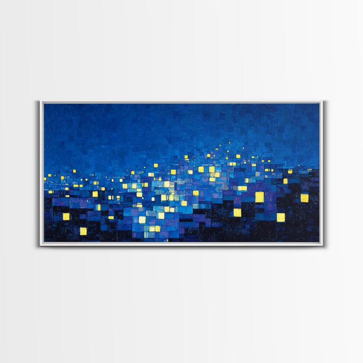 Pixelated Blue City Lights Wall Art, Abstract Night Skyline, Modern Art Print, MCM Wall Decor, Living Room Statement Decor