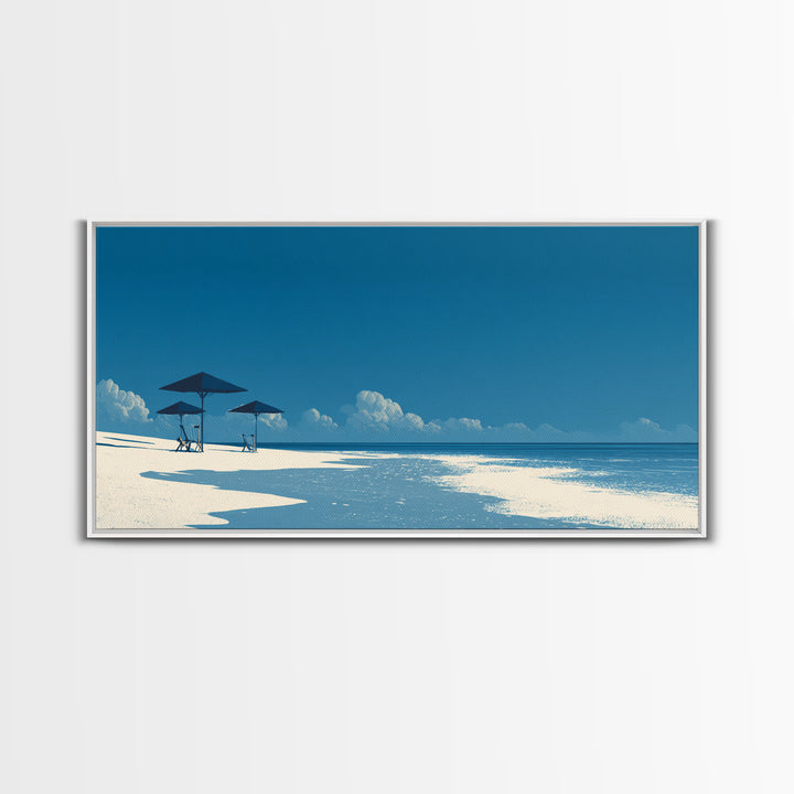 Minimal Blue Beach Wall Art, Serene Ocean Umbrella Landscape Print, Coastal Modern Poster, Summer Decor For Bedroom And Office