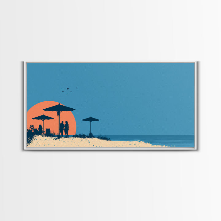Orange Sunset Beach Wall Art, Silhouette Umbrellas And Couple Print, Retro Coastal Poster, Modern Tropical Decor For Bedroom