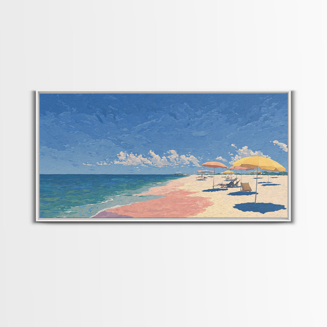 Pastel Ocean Beach Canvas Print, Pink Sand Umbrella Landscape, Coastal Modern Wall Art, Soft Summer Decor For Bedroom And Office