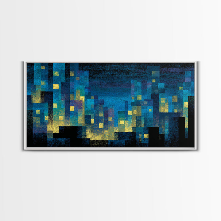 Teal Pixel City Skyline Canvas Print, Glowing Urban Nightscape, Modern Abstract Art, Blue Wall Decor, Home Office Art Print