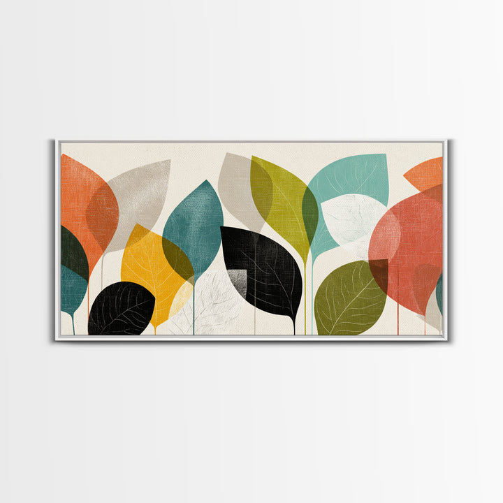 Abstract Overlapping Leaves In Teal Orange Yellow Wall Art, Midcentury Modern Botanical Print, Retro Living Room Decor Gift