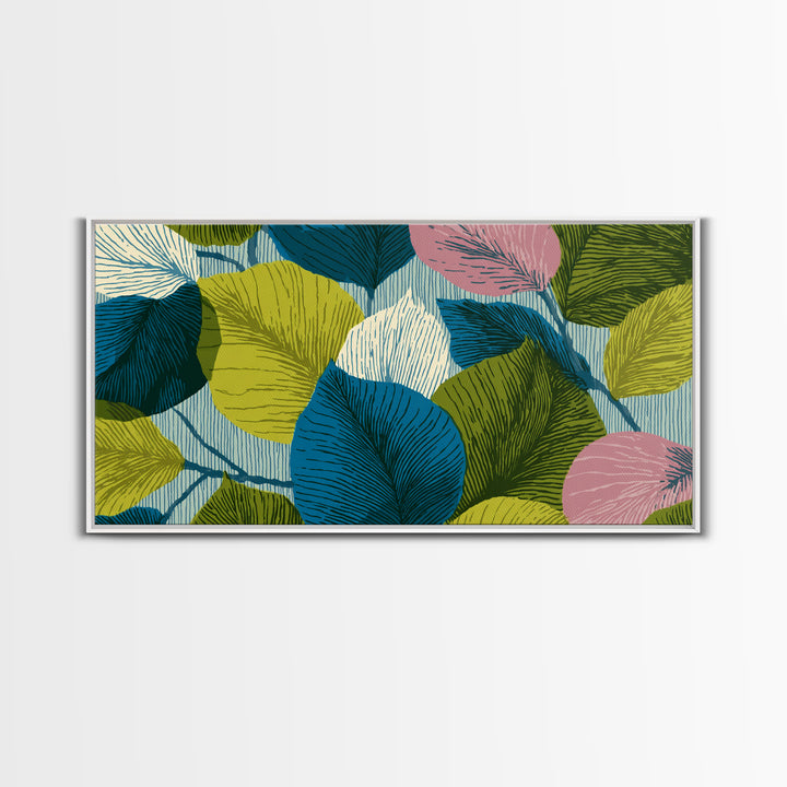 Layered Ginkgo Leaves In Blue Green Pink Canvas Print, Midcentury Modern Botanical Wall Decor, Colorful Living Room Art Print