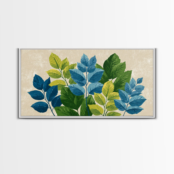 Blue Green Botanical Branches With Textured Leaves Wall Art, Midcentury Modern Nature Print, Calm Bedroom Office Decor Gift