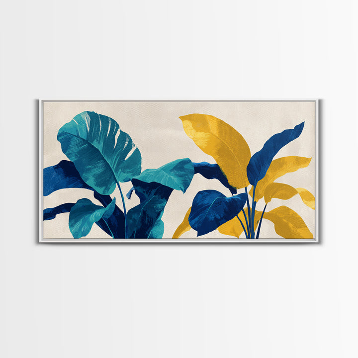 Bold Tropical Leaves In Teal Blue Mustard Canvas Print, Midcentury Modern Botanical Wall Art, Colorful Home Office Decor