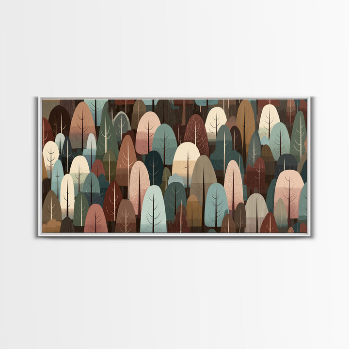 Muted Abstract Forest Of Rounded Trees Framed Canvas Print, Midcentury Modern Wall Art, Earth Tone Woodland Living Room Decor