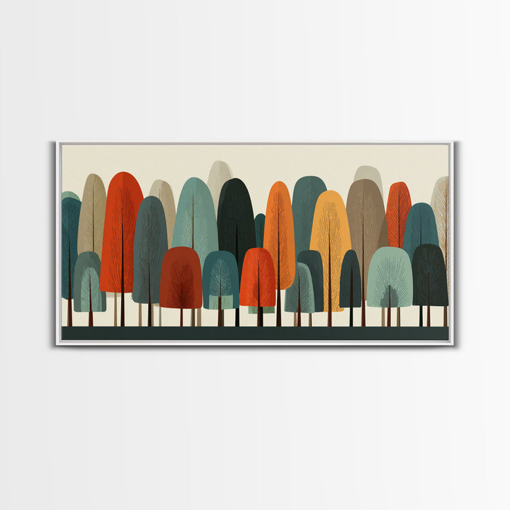 Minimal Rounded Tree Grove In Orange Teal Mustard Wall Art, Midcentury Modern Forest Print, Retro Nursery Or Office Decor
