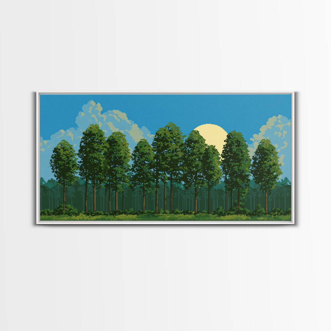 Sunlit Green Forest Landscape With Moonrise Canvas Print, Nature Wall Art, Retro Scenic Living Room And Cabin Decor Gift