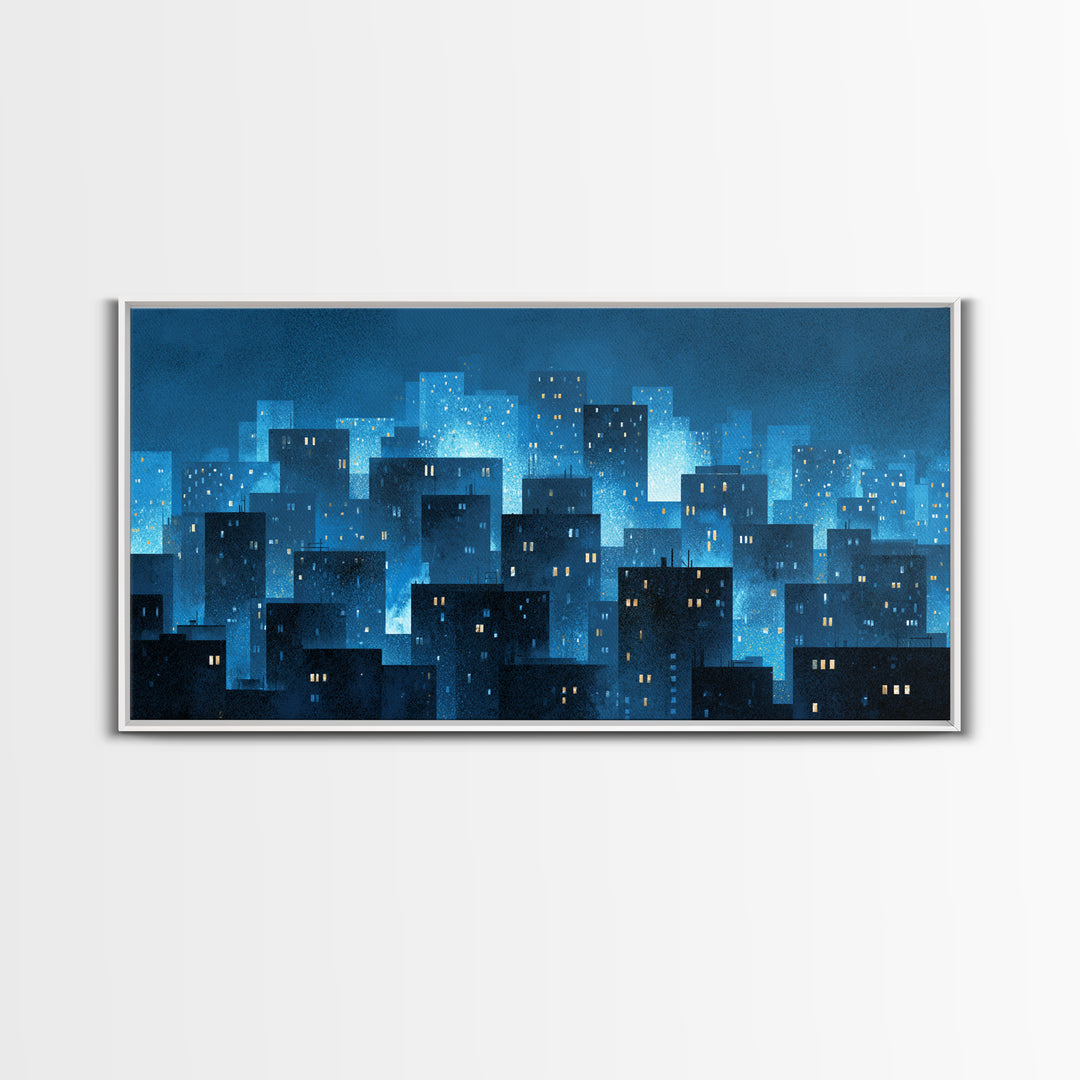 Misty Blue Urban Skyline Framed Canvas Print, Snowy City Lights, Modern Wall Art, Large Abstract Decor, Office Wall Art Print