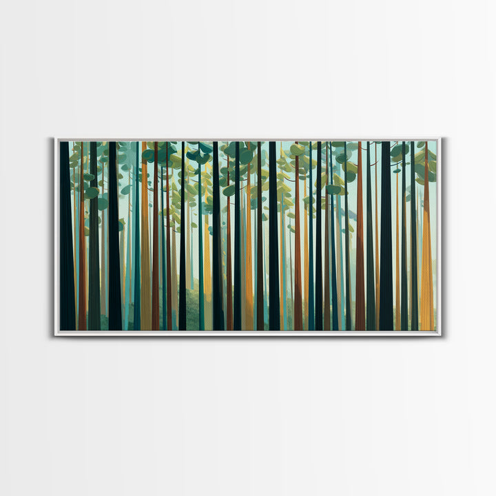 Tall Pine Forest With Sunbeams In Teal Gold Wall Art, Modern Nature Landscape Print, Scandinavian Cabin And Office Decor