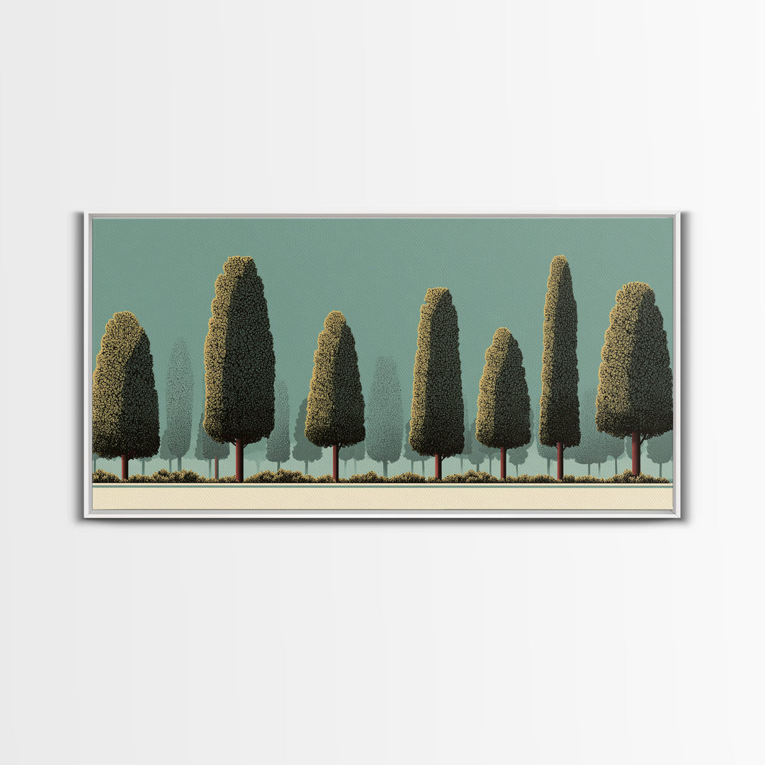 Stylized Cypress Tree Grove Wall Art, Midcentury Modern Landscape Print, Sage Green Retro Decor, Nature Living Room Art Print