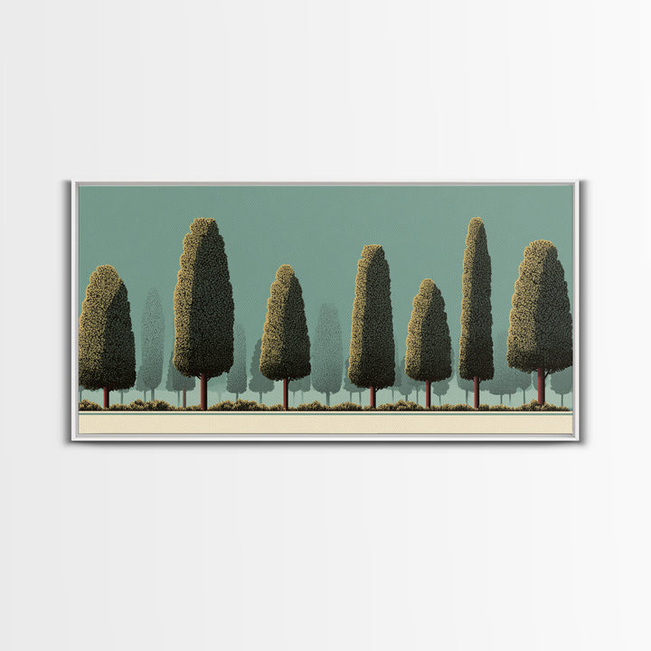 Stylized Cypress Tree Grove Wall Art, Midcentury Modern Landscape Print, Sage Green Retro Decor, Nature Living Room Art Print