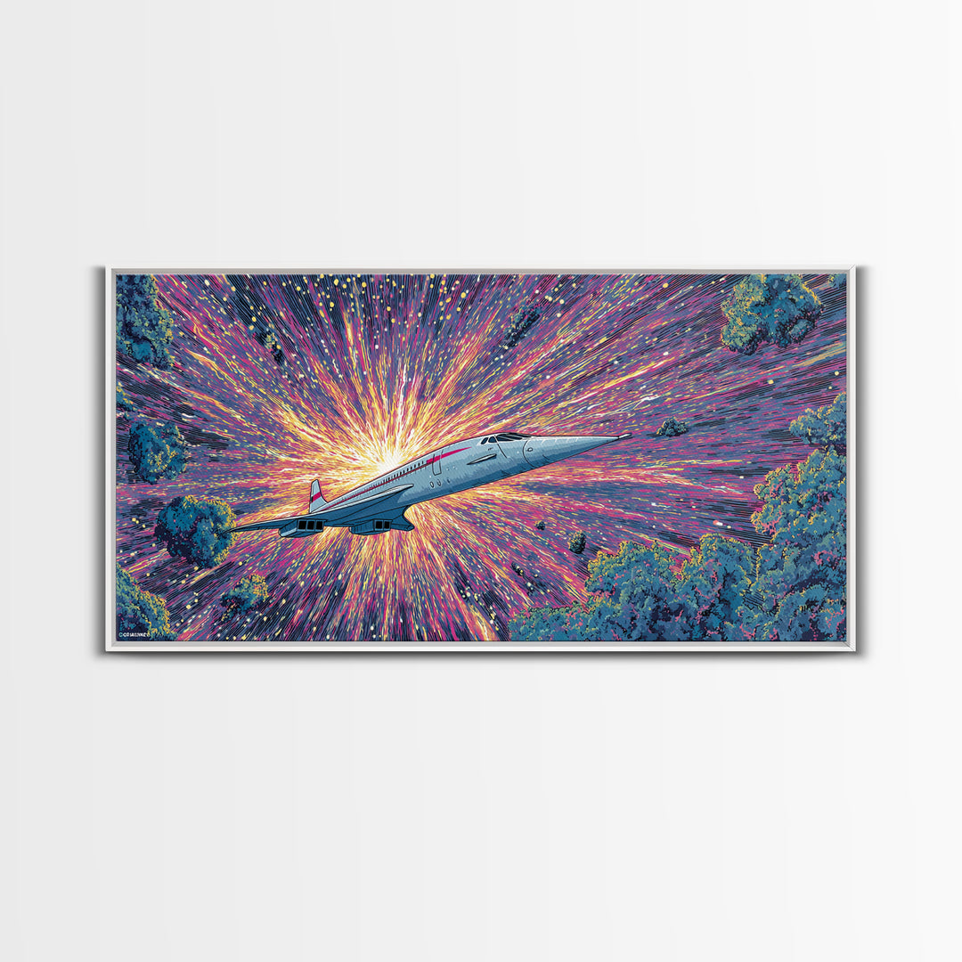 Retro Futuristic Jet Wall Art, Midcentury Sci Fi Airplane Print, Starburst Space Poster, Colorful Modern Home Decor Gift