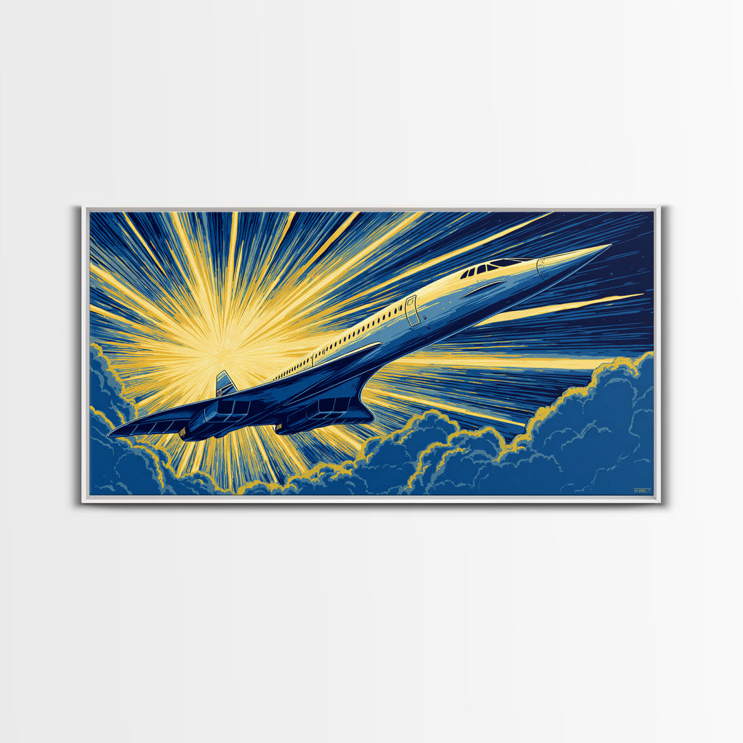 Golden Supersonic Jet Above Clouds Framed Canvas Print, Retro Sci Fi Poster, Mid Century Modern Wall Art, Aviation Decor