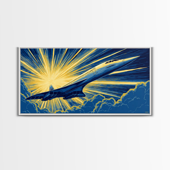 Golden Supersonic Jet Above Clouds Framed Canvas Print, Retro Sci Fi Poster, Mid Century Modern Wall Art, Aviation Decor