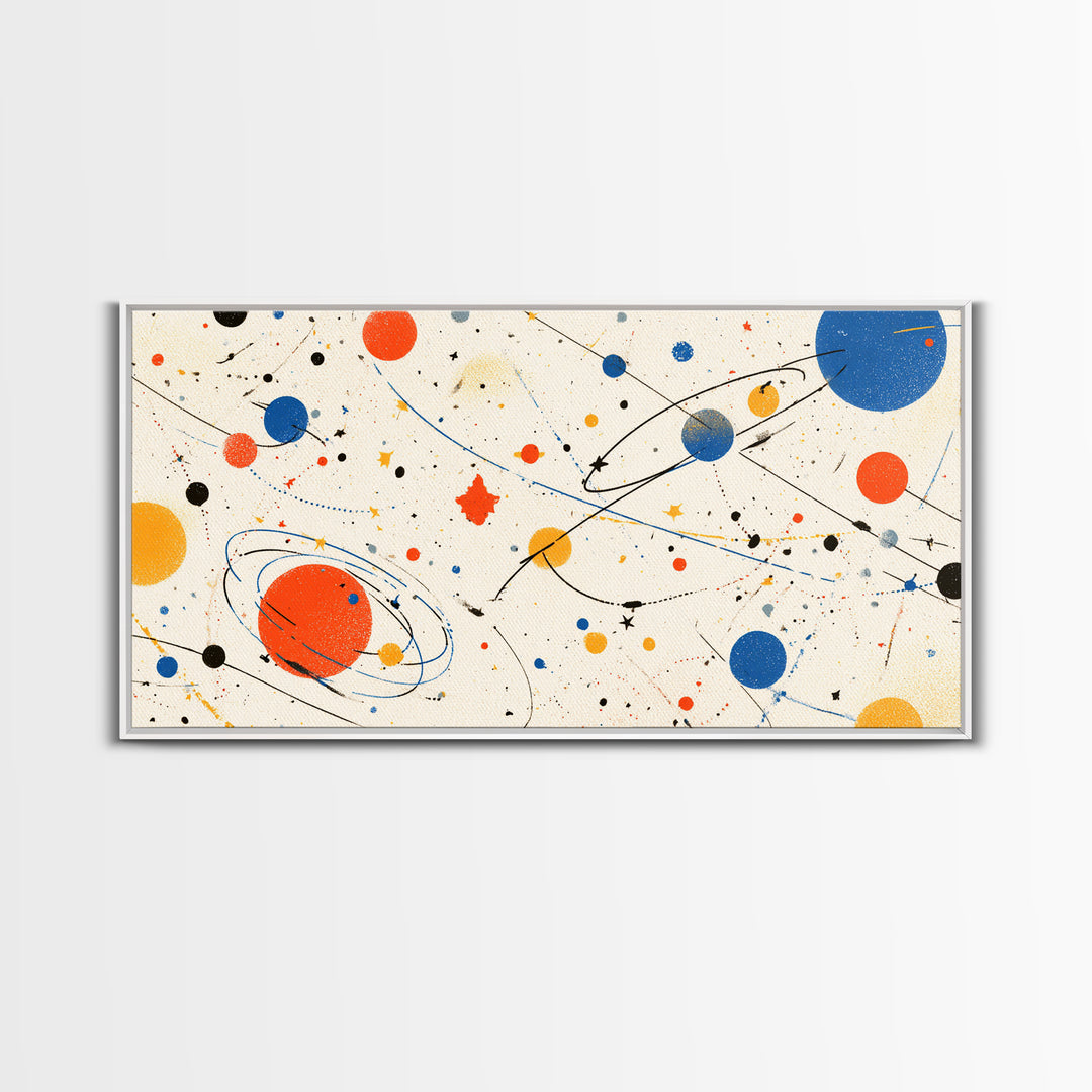 Playful Orbiting Planets And Stars Canvas Print, Atomic Mid Century Modern Wall Art, Retro Space Poster, Kids Room Decor