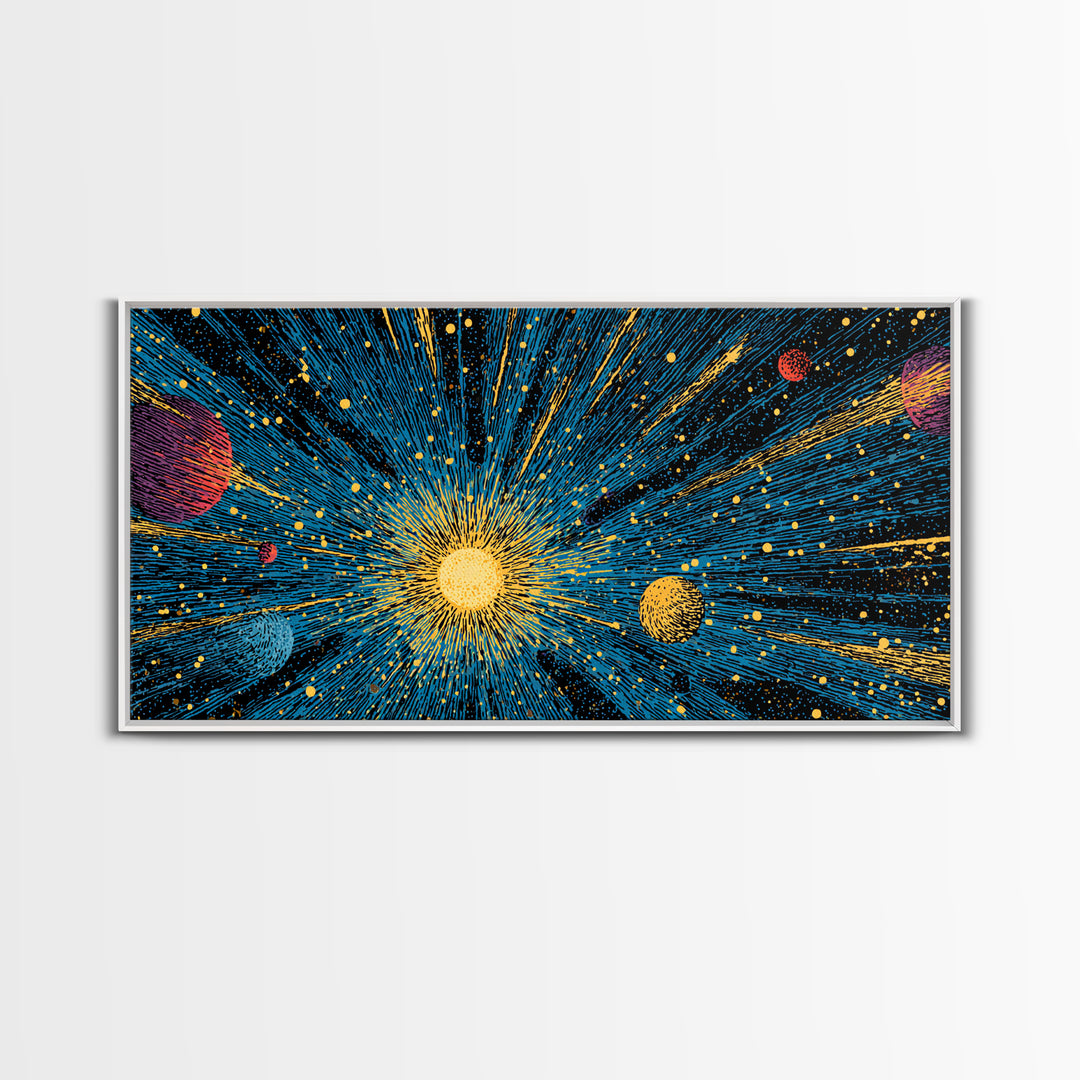 Radiant Sun And Planets In Deep Space Wall Art, Cosmic Retro Sci Fi Poster, Mid Century Modern Decor, Galaxy Print, Home Decor