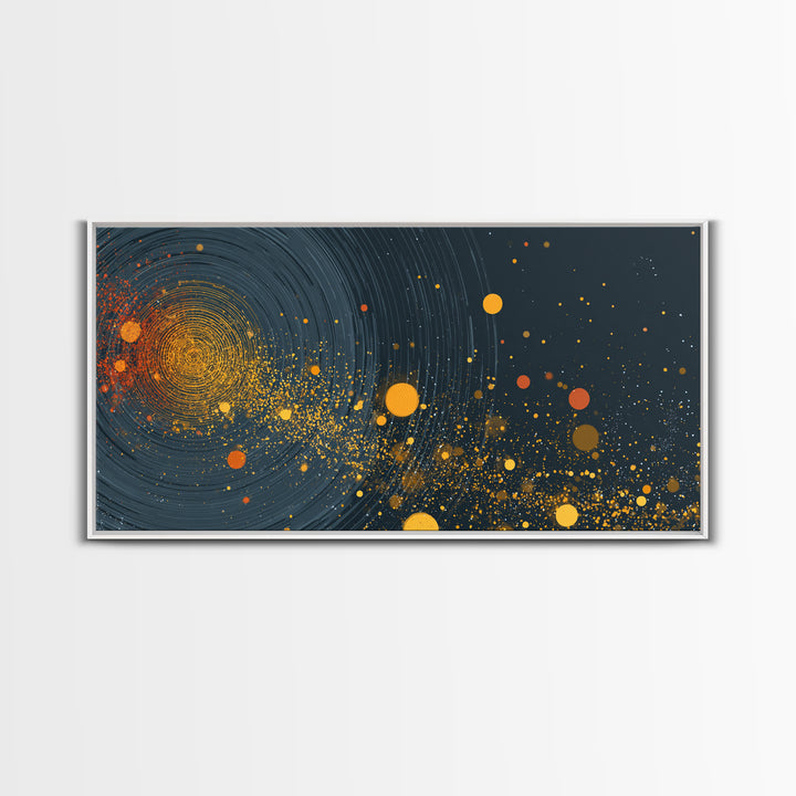 Orange Cosmic Spiral And Star Fields Framed Canvas Print, Abstract Space Wall Art, Mid Century Modern Decor, Galaxy Poster