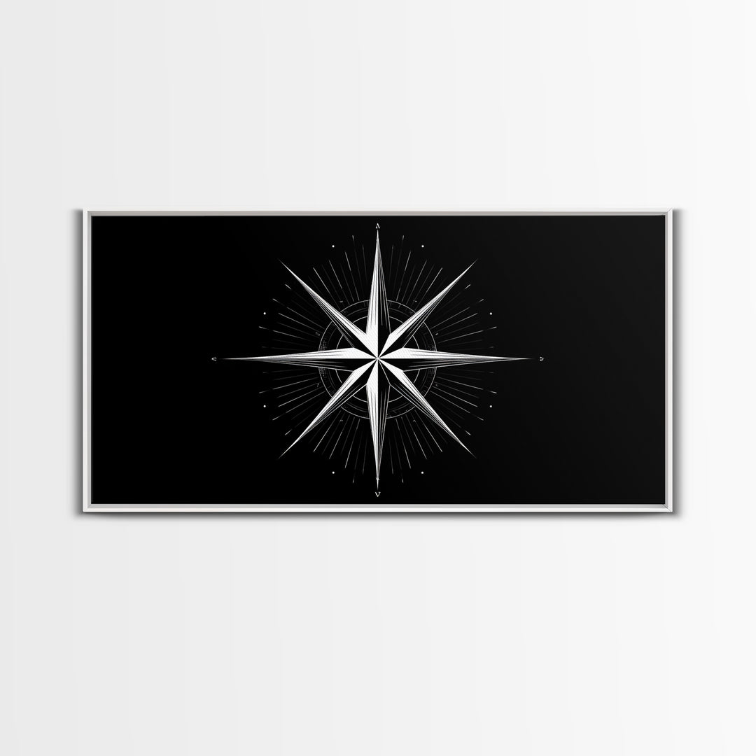 Minimal White Compass Star Wall Art, Black And White Geometric Print, Nautical Modern Wall Decor, Celestial Office Poster