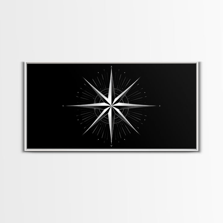 Minimal White Compass Star Wall Art, Black And White Geometric Print, Nautical Modern Wall Decor, Celestial Office Poster