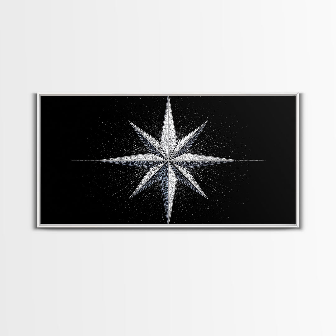 Stippled Compass Rose Canvas Print, Black And White Nautical Star Wall Art, Geometric Modern Poster, Minimal Office Decor