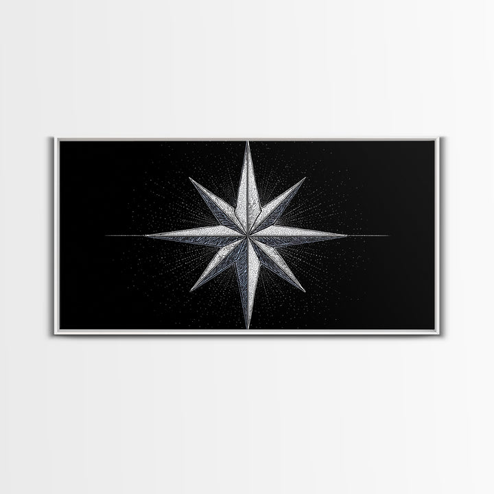 Stippled Compass Rose Canvas Print, Black And White Nautical Star Wall Art, Geometric Modern Poster, Minimal Office Decor