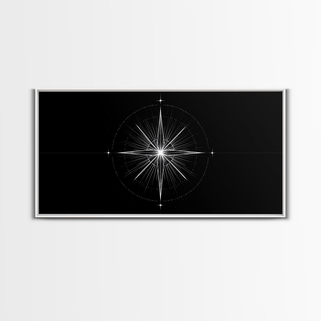 Radiant Compass Star Framed Canvas Print, Black And White Celestial Wall Art, Minimal Geometric Poster, Nautical Decor Gift