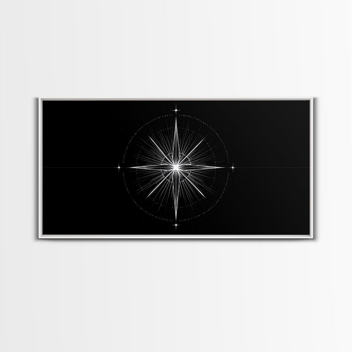 Radiant Compass Star Framed Canvas Print, Black And White Celestial Wall Art, Minimal Geometric Poster, Nautical Decor Gift