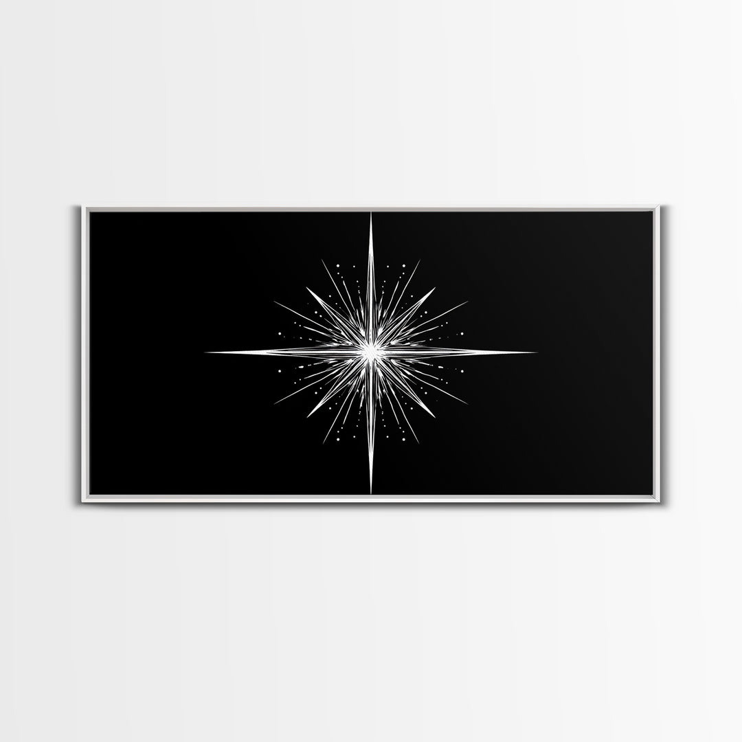 Bright North Star Wall Art, Black And White Celestial Burst Print, Minimal Geometric Poster, Modern Nautical Office Decor