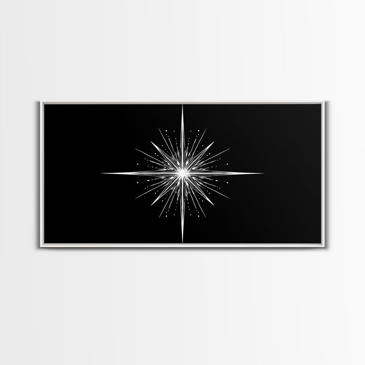 Bright North Star Wall Art, Black And White Celestial Burst Print, Minimal Geometric Poster, Modern Nautical Office Decor
