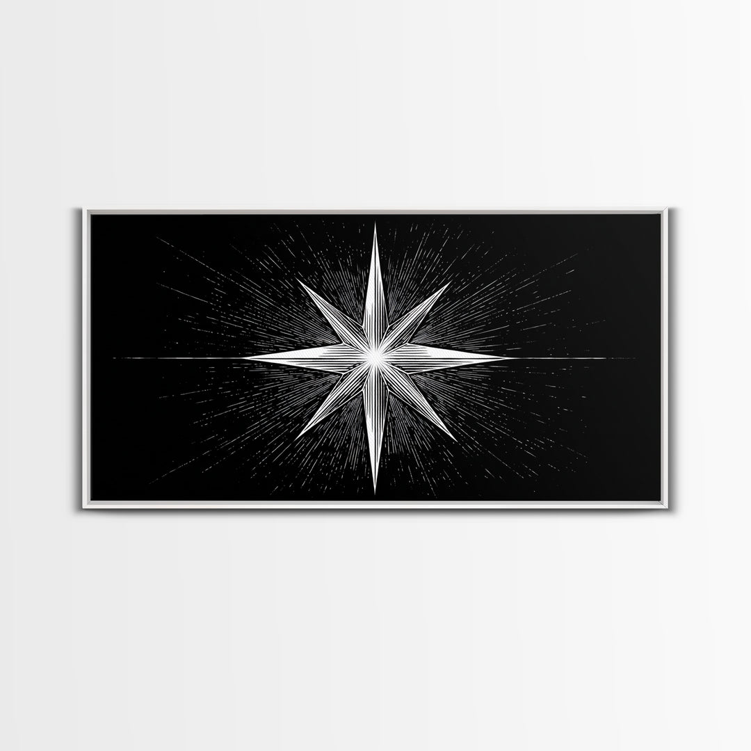 Exploding Compass Star Canvas Print, Black And White Celestial Wall Art, Geometric Nautical Poster, Modern Home Office Decor