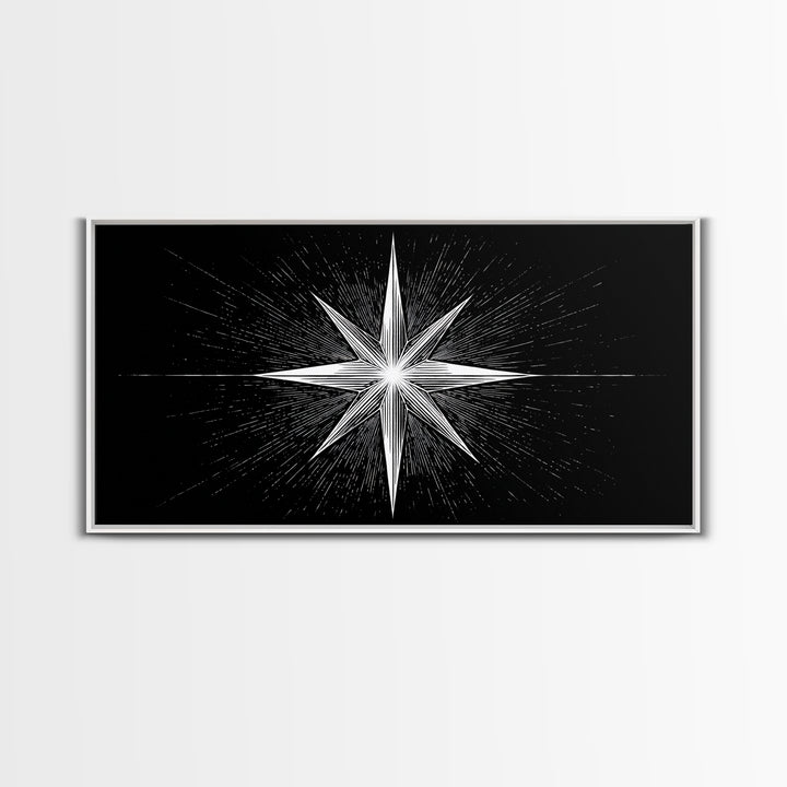 Exploding Compass Star Canvas Print, Black And White Celestial Wall Art, Geometric Nautical Poster, Modern Home Office Decor