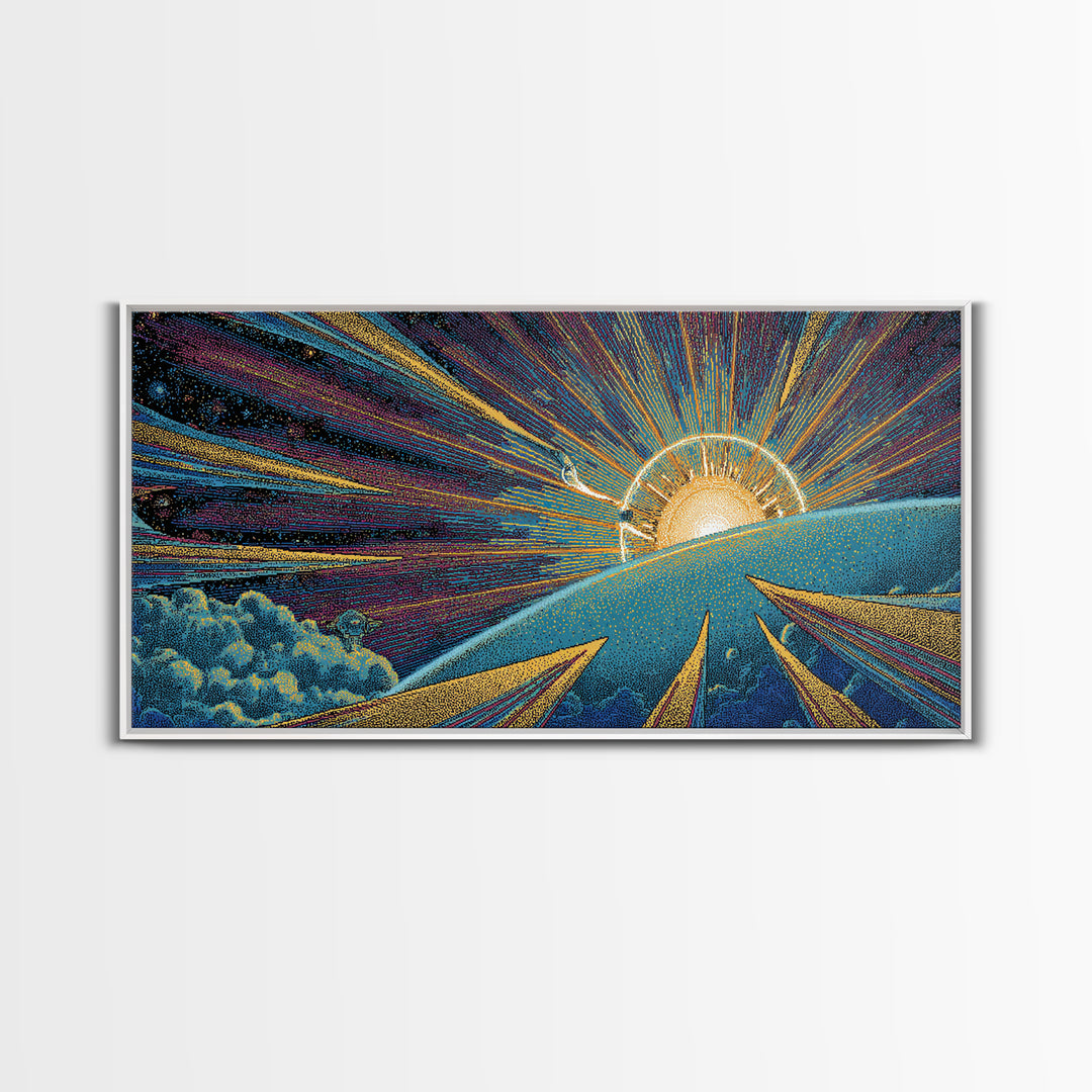 Radiant Sunrise Over Planet Wall Art, Modern Abstract Art Print, Retro Sci Fi Poster, Space Abstract Art, Colorful MCM Decor