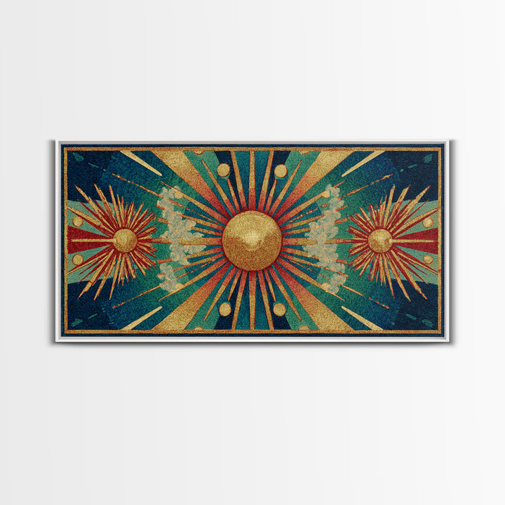 Teal Gold Art Deco Sunburst Wall Art, Midcentury Modern Art Print, Geometric Wall Decor, Retro Atomic Pattern Poster, MCM Home Decor