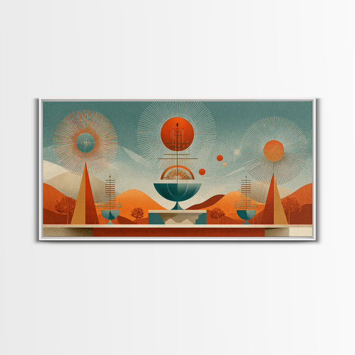Desert Atomic Fountain Wall Art, Midcentury Modern Art Print, Palm Springs Decor, Orange Teal Geometric Poster, MCM Decor