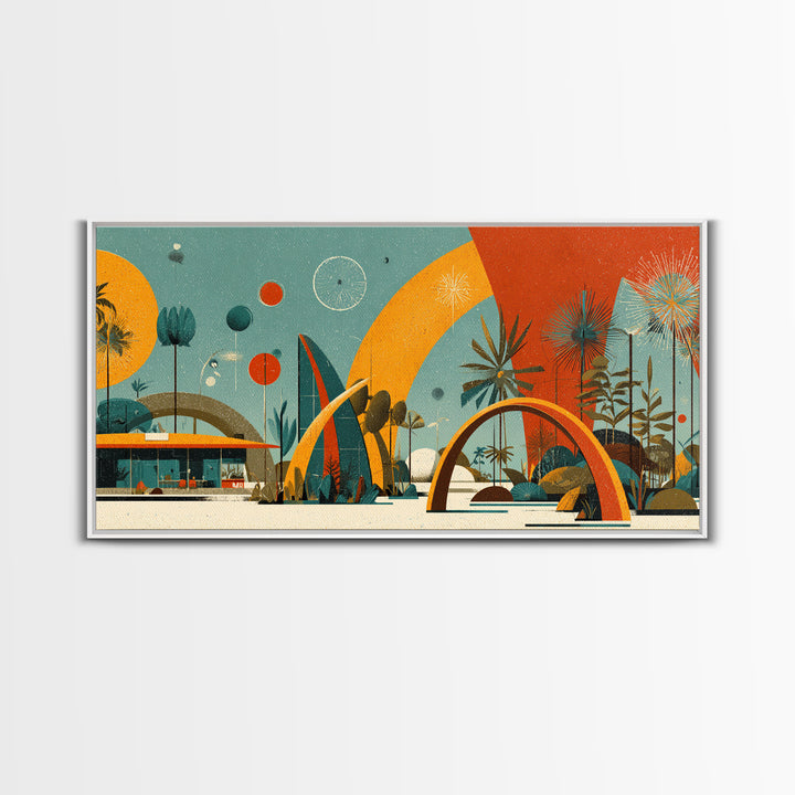 Atomic Desert Resort With Palms And Arches Wall Art, Midcentury Modern Print, Retro Space Age Poster, MCM Home Decor Gift