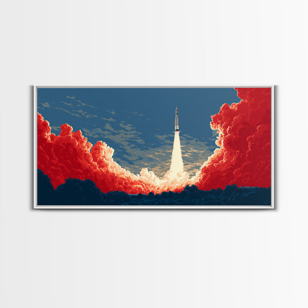 Rocket Launch Through Red Clouds Canvas Print, Retro Sci Fi Poster, Mid Century Modern Wall Art, Bold Space Decor Gift For Him