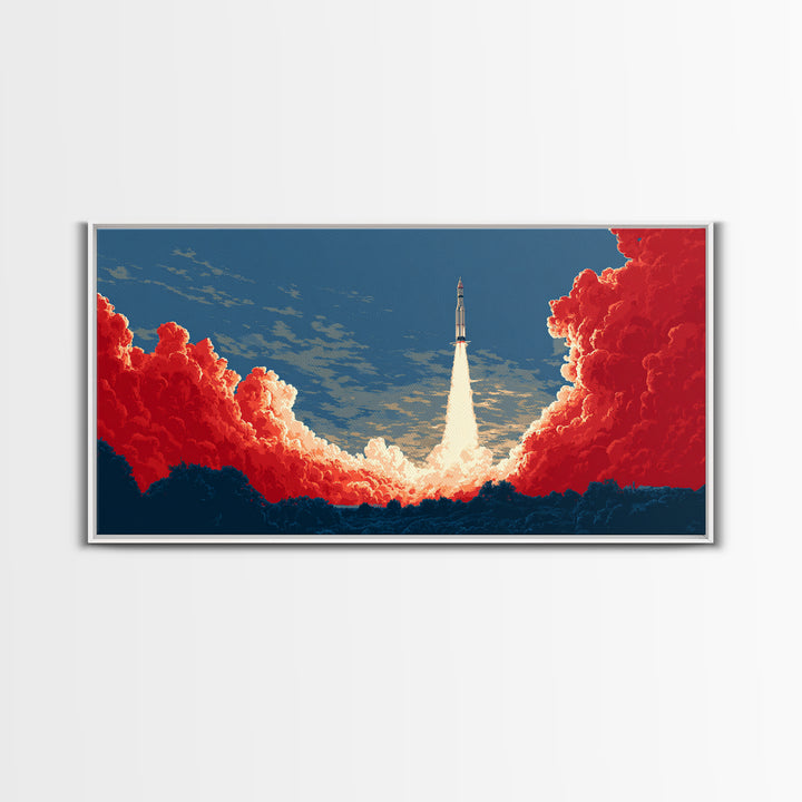 Rocket Launch Through Red Clouds Canvas Print, Retro Sci Fi Poster, Mid Century Modern Wall Art, Bold Space Decor Gift For Him