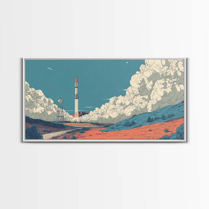 Moonlit Rocket Pad In Blue Desert Wall Art, Midcentury Modern Space Poster, Retro Sci Fi Print, MCM Office Decor Gift Idea