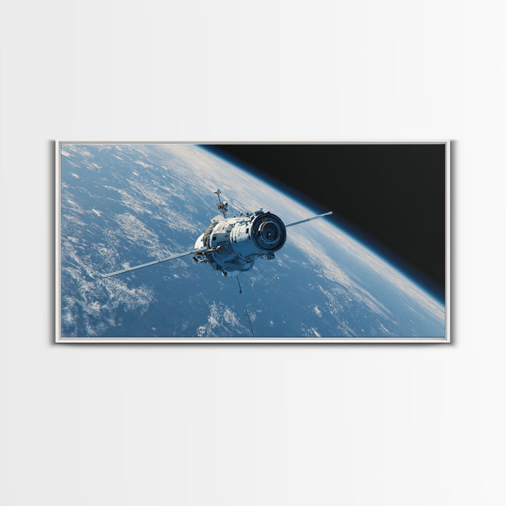 Realistic Spacecraft Orbiting Blue Earth Canvas Print, Modern Space Wall Decor, Satellite Poster, Sci Fi Office Artwork Gift
