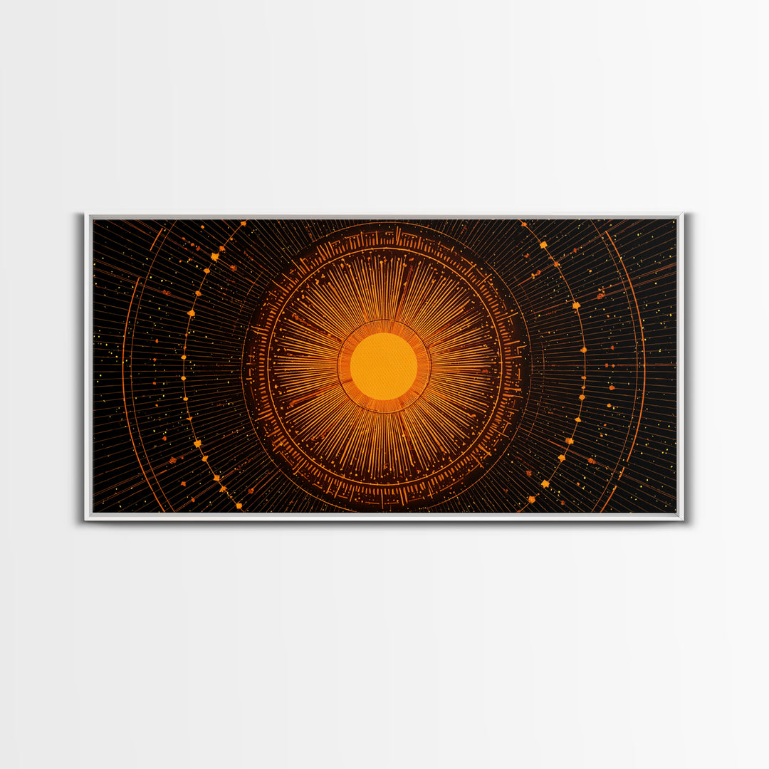 Orange Solar Mandala Interface Wall Art, Retro Sci Fi Circle Poster, Atomic Midcentury Modern Decor, Geometric Sun Print