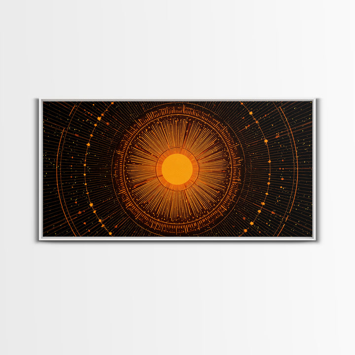 Orange Solar Mandala Interface Wall Art, Retro Sci Fi Circle Poster, Atomic Midcentury Modern Decor, Geometric Sun Print