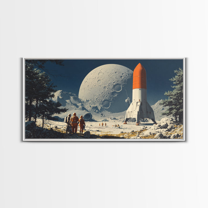 Moon Base Astronauts With Orange Rocket Framed Canvas Print, Retro Space Wall Art, Sci Fi Lunar Landscape Poster Decor Gift